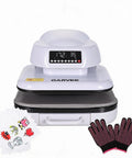 EcoSummer Automatic Electric Heat Press Machine With Digital Control Panel For Custom T Shirt Printing, compact design, includes heat-resistant gloves.