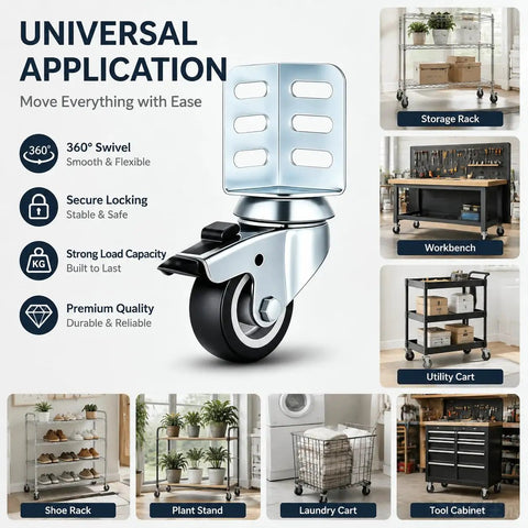 Heavy Duty Swivel Casters Badass Strength Storage Rack Wheels For Shelves Tables And Cabinets Supporting Up To 720 Lbs Total Weight Without Breaking A Sweat Garage Ready with 360° swivel and secure locking feature.