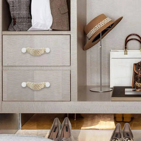 Bohemian Style Braided Rope Wooden Cabinet Pulls 4 Pack installed on wardrobe drawers with handwoven cotton rope handles and cross knot design.