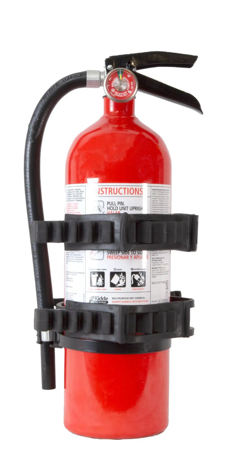 Fire extinguisher secured with Quick Fist Clamp Mount For Tools And Gear 2.5 Inch To 9.5 Inch Diameter Holds 50 Pounds UV Resistant