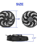 Universal 14 Inch Slim Electric Radiator Cooling Fan Kit 12V 90W Push Pull with size dimensions shown, 14.88" width and 2.64" depth.