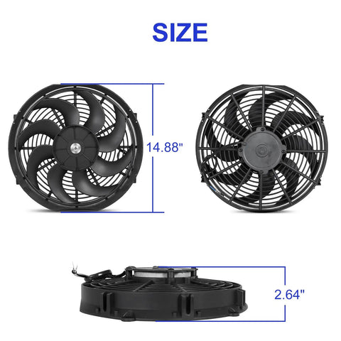 Universal 14 Inch Slim Electric Radiator Cooling Fan Kit 12V 90W Push Pull with size dimensions shown, 14.88" width and 2.64" depth.