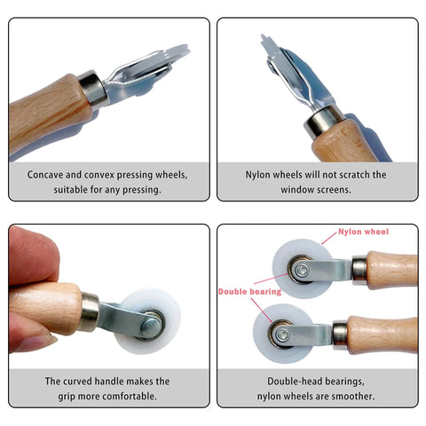 BAYTORY screen tool set with wooden handle and steel/nylon wheels; curved handle and double-bearing rollers.