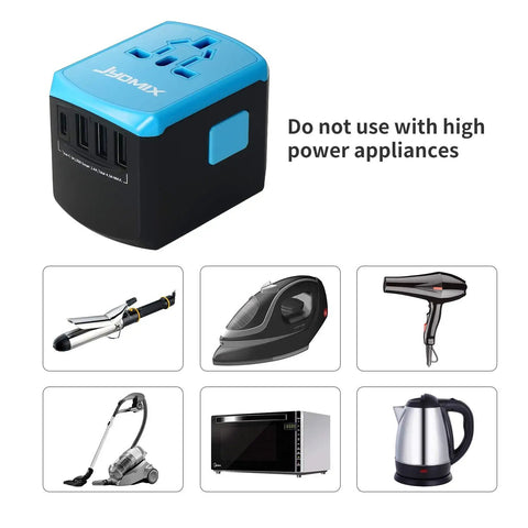 Universal USB Travel Power Adapter with Quad USB Ports and Type C for Worldwide Charging, shown with devices to avoid using.