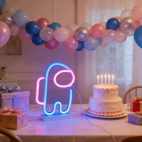 Lit Alien Neon Sign Light Astronaut LED Decor with cake and balloons, USB or Battery powered for party atmosphere.