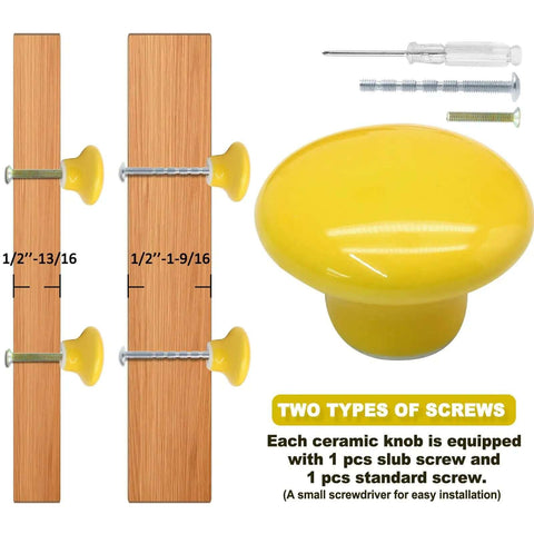 Top Shelf Yellow Ceramic Kitchen Cabinet Knobs, Super Solid 32 mm Round Pull Handles with all mounting Screws plus Handy Screwdriver, installation detail with screws and wooden panel.
