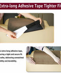 Hands applying extra-long adhesive tape on a brown non slip velvet recliner chair cover with headrest protector.