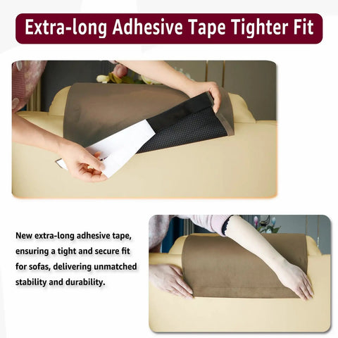 Hands applying extra-long adhesive tape on a brown non slip velvet recliner chair cover with headrest protector.