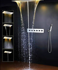 Heavy Duty 15 By 28 Inch Led Ceiling Rain Shower Head With Handheld Spray Antique Brass Finish in modern bathroom setting.
