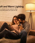 Couple relaxing under a Wood Tripod Floor Lamp With Shelves, Dimmable LED Modern Floor Lamp with Beige Linen Shade for Cozy Vibe