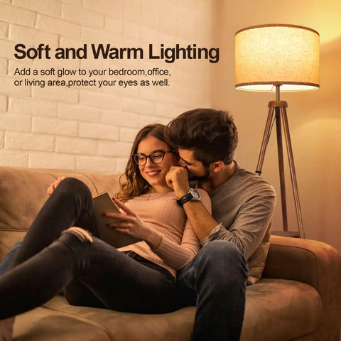 Couple relaxing under a Wood Tripod Floor Lamp With Shelves, Dimmable LED Modern Floor Lamp with Beige Linen Shade for Cozy Vibe