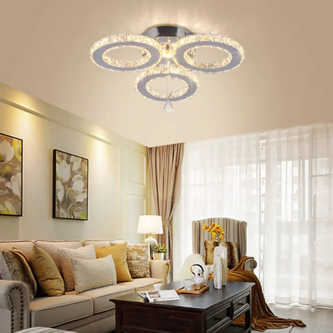 LED Crystal Pendant Ceiling Light With 3 Rings Cool Sleek Chandelier in living room, warm white 2500K-3500K glow