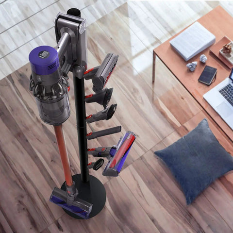Freestanding Cordless Vacuum Dock And Storage Stand With 6 Hooks Metal Organizer Bracket, black, holding vacuum and tools
