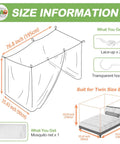 Four Corner Bed Mosquito Net For Canopies And Travel, Rectangular Mesh Netting shown with size dimensions and installation items