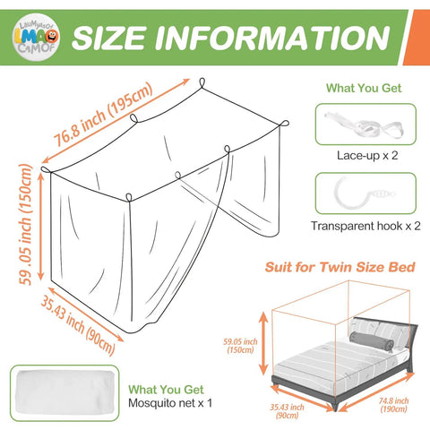 Four Corner Bed Mosquito Net For Canopies And Travel, Rectangular Mesh Netting shown with size dimensions and installation items