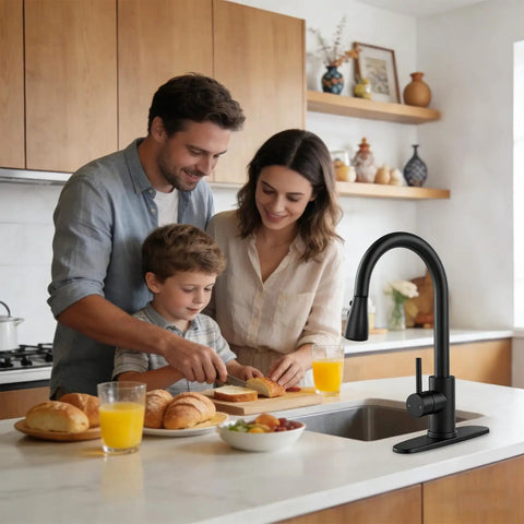 Matte Black Pull Down Kitchen Sink Faucet In Solid Stainless Steel With Single Handle Spray Head For Zero Drip Action And A Super Clean Modern Kitchen Glow Up Built Tough For Day To Day in a family kitchen scene with people preparing food.