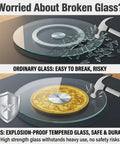 Comparison image showing broken ordinary glass and intact tempered glass, illustrating Heavy Duty Lazy Susan Turntable With Silent Bearings.