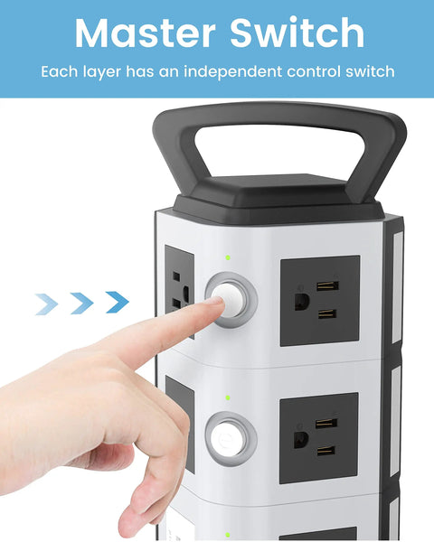 Power Strip Surge Protector Tower With Four USB Ports And Fourteen Outlets For Easy Charging, showing master switch in use