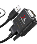 DeStatix A9 FTDI USB to RS232 Adapter With 9 Status LEDs, showing USB and DB9 connectors, black casing, close-up view.