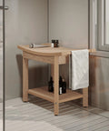 Non Slip Shower Bench With Handles And Storage Shelf Water Resistant Bath Stool For Bathroom 24 Inch By 13 Inch Black Sloped Top Seat With Drainage Spa Chair.