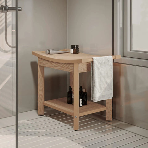 Non Slip Shower Bench With Handles And Storage Shelf Water Resistant Bath Stool For Bathroom 24 Inch By 13 Inch Black Sloped Top Seat With Drainage Spa Chair.