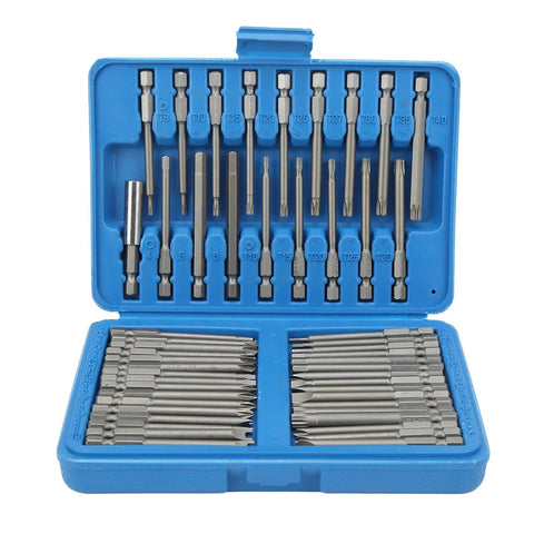 Awesome 50 Piece Extra Long Security Bit Set With Magnetic Holder For Tough Drilling Jobs Featuring Multi Sizes Hex Torq Clutch Spline And Flat Square Bits Perfect Anytime You Need Serious Power And Precision In Your Drill Driver Kit Gear in blue case