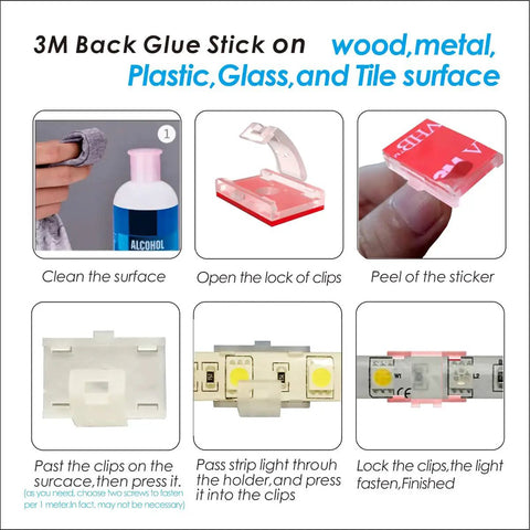 Instructions for installing LED Strip Light Mounting Brackets and Clips on various surfaces with self-adhesive backing.