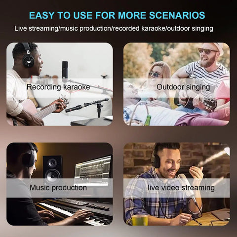Image showing uses of MW6 White 6 Channel Pro DJ Audio Mixer Portable Controller USB DSP With 99 Preset Effects: singing and streaming.