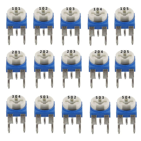 Assorted six millimeter potentiometers from Fifteen Value Potentiometer Assortment Kit with 100Ω to 2MΩ range.