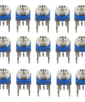 15 Value Potentiometer Assortment Kit With 300 Handy 6mm Variable Resistors From 100 Ohm To 2M Ohm In A Clear Plastic Box For Electronics Prototyping And DIY Projects, front view of potentiometers