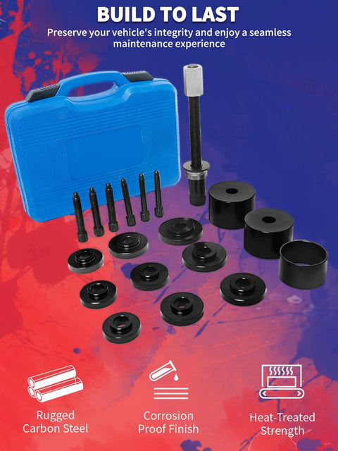 Front Wheel Drive Wheel Bearing Removal And Installation Kit With Bearing Press 19 Piece Set Featuring Multiple Drift Sizes displayed.