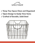 Industrial Gray Utility Basket With Easy Grip Handles For Kitchen Pantry Organization And Closet Shelf Bins Durable Steel Wire Container Open Grid Design in front view.