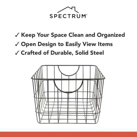 Industrial Gray Utility Basket With Easy Grip Handles For Kitchen Pantry Organization And Closet Shelf Bins Durable Steel Wire Container Open Grid Design in front view.