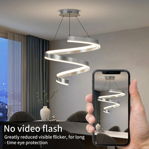 19.6 inch customizable modern pendant light with remote dimming 3000K to 6500K ambient lighting in living room
