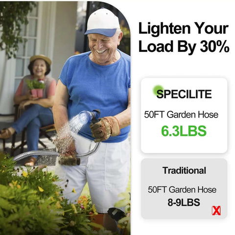 Man using 50 Foot Stainless Steel Garden Hose Heavy Duty With Nozzles, lighter weight comparison, showing 6.3lbs vs 8-9lbs.
