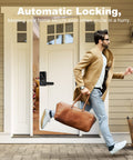 Man leaving home quickly using Fingerprint Keyless Entry Door Lock With Reversible Handle, Touchscreen Keypad, And Smart Lock With App, Code, Fob, And Key Backup, Remote WiFi Access (Gateway Not Included), Easy Install For Home, Apartment, Office, No Key Needed on front door, showcasing automatic locking feature.