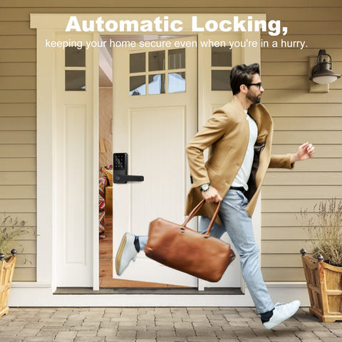 Man leaving home quickly using Fingerprint Keyless Entry Door Lock With Reversible Handle, Touchscreen Keypad, And Smart Lock With App, Code, Fob, And Key Backup, Remote WiFi Access (Gateway Not Included), Easy Install For Home, Apartment, Office, No Key Needed on front door, showcasing automatic locking feature.