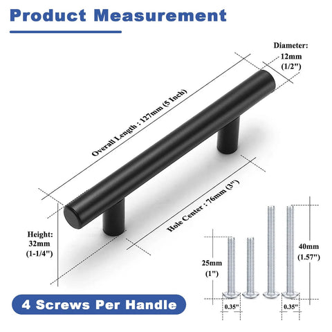 Diagram of 30 Pack Matte Black Stainless Steel Cabinet Handles For Cabinets And Drawers With 3 Inch Hole Center and screws