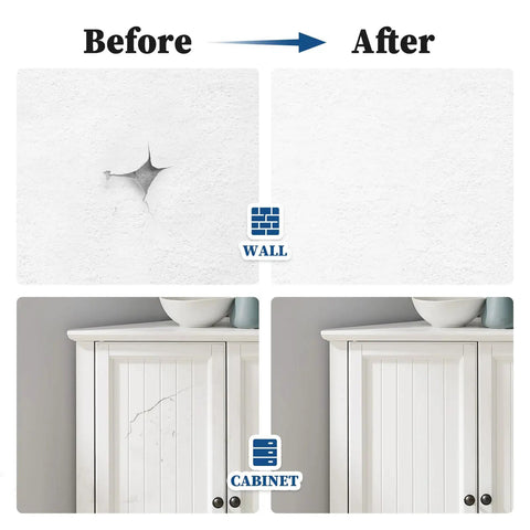 Before and after using White Multi Surface Touch Up Paint Pen for Walls Doors Cabinets Metal Appliances Wood And Furniture DIY Friendly Quick Dry Scratch Repair 1.5 Fl Oz Semi Gloss Finish, showing repaired wall and cabinet scratches.