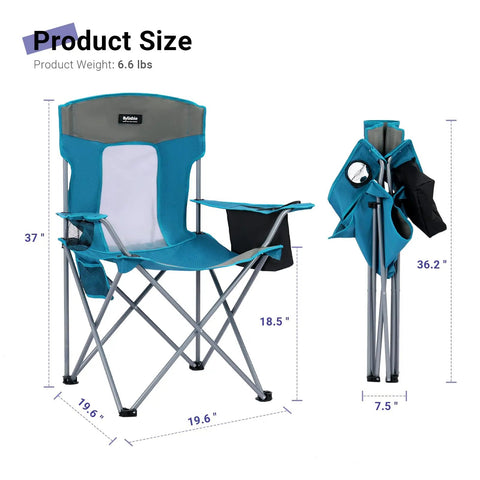Heavy Duty Camping Folding Chair For Adults With Cup Holder And Cooler Pouch Plus Side Pocket Sturdy X Frame And Easy Setup shown folded and open
