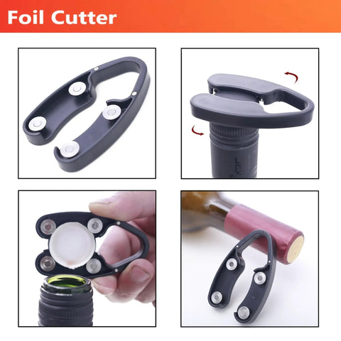 Air Pressure Pump Corkscrew Set All In One With Foil Cutter close-up showing dual-blade design and operation on wine bottle.