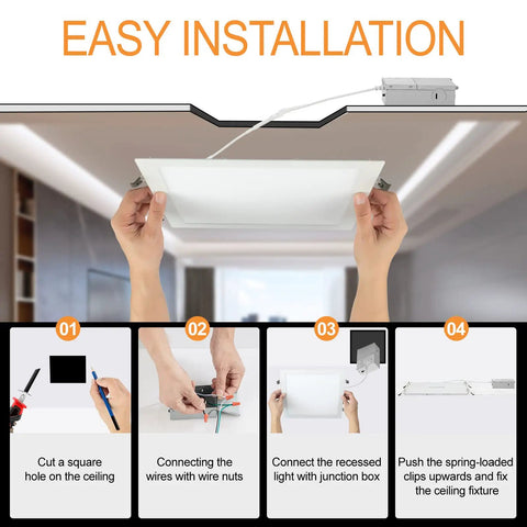 4 Pack 11 Inch Square Recessed LED Ceiling Downlights With Junction Box installation steps illustrated and ceiling placement