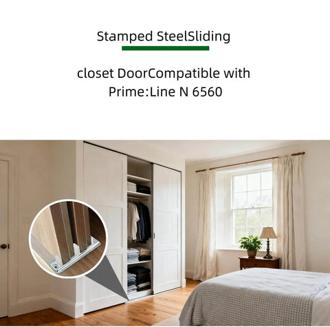 Sliding Door Roller Kit For Top Hung Wardrobe And Closet Doors, Five Piece Replacement Set With Front And Rear Rollers shown installed on a closet.