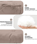 Close-up of Waterproof Outdoor Swing Cushions showing fixed strap, premium cotton padding, and sturdy stitching in khaki.