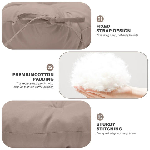 Close-up of Waterproof Outdoor Swing Cushions showing fixed strap, premium cotton padding, and sturdy stitching in khaki.