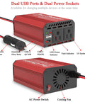 Image of Real Deal 400 Watt DC To AC Car Power Inverter With Dual 110V Outlets And USB C PD 65W Fast Charge showcasing ports and indicators.
