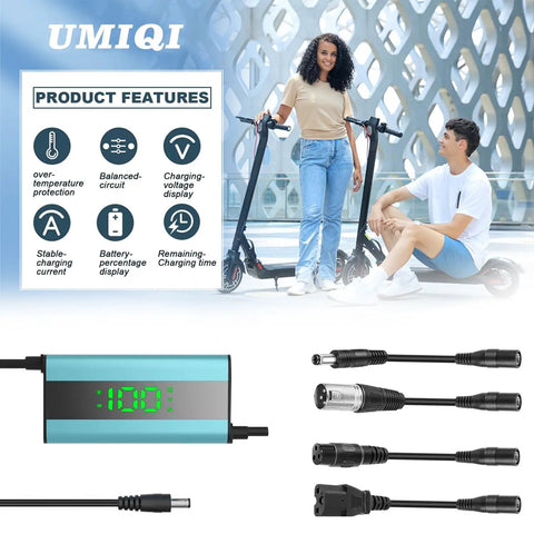 Couple with scooters, product features chart, 54.6V 2A Electric Scooter Charger With LED Display Real Time Battery Percentage