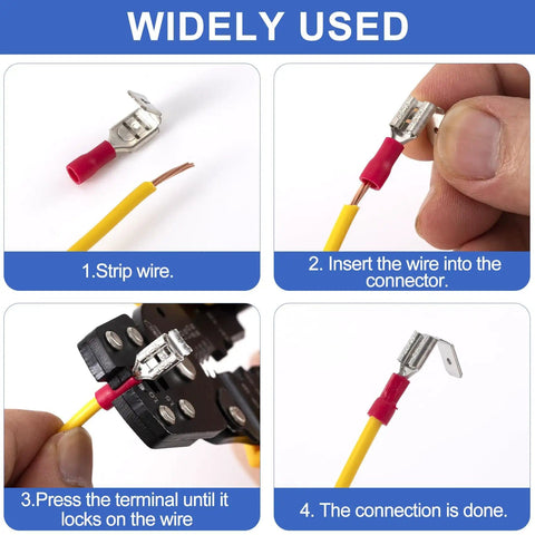 Step-by-step use of All In One Quick Disconnect Piggyback Spade Connector Kit For 22 10 AWG Wires on yellow wire
