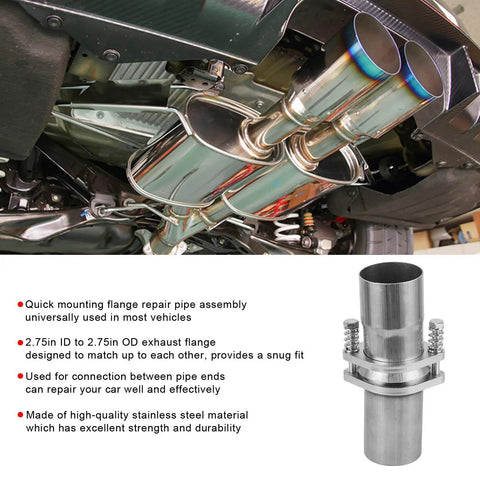 Heavy Duty Universal Exhaust Flange Repair Pipe Kit With Spring Screw Quick Fix Sleeve Adapter For 2.75 Inch ID To OD Stainless Steel Under The Hood, showcasing installation on a vehicle.