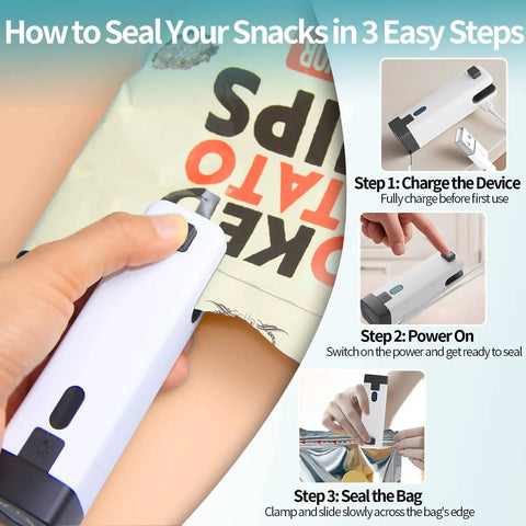 Rechargeable Mini Bag Sealer Three In One With Cutter And LED Flashlight sealing a snack bag in 3 steps, shown in close-up.